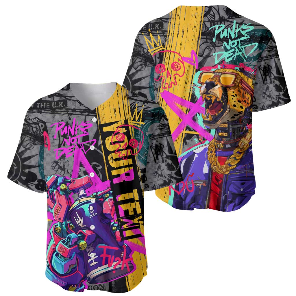 Punk Cheetah Graffiti Baseball Jersey with Punk Not Dead Street Art and Neon Jungle Design - Wonder Print Shop