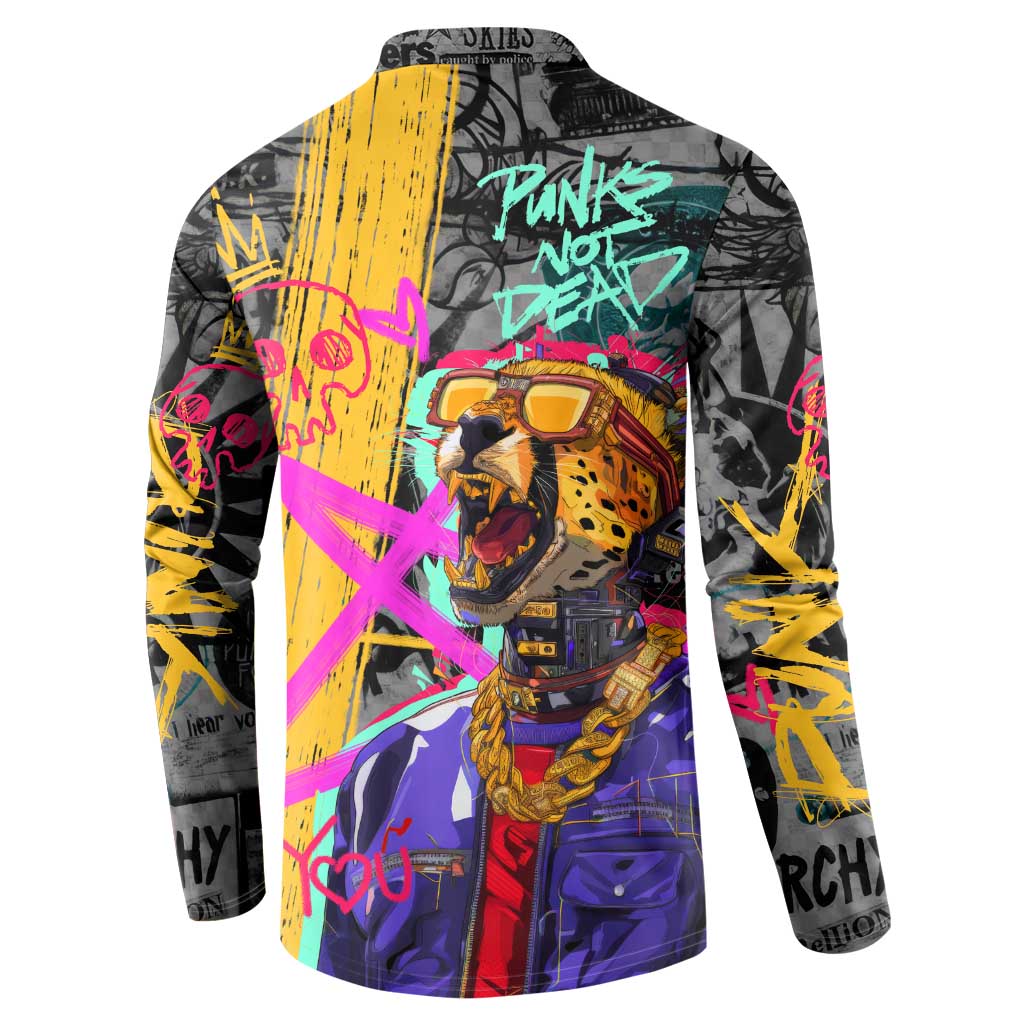 Punk Cheetah Graffiti Button Sweatshirt with Punk Not Dead Street Art and Neon Jungle Design - Wonder Print Shop