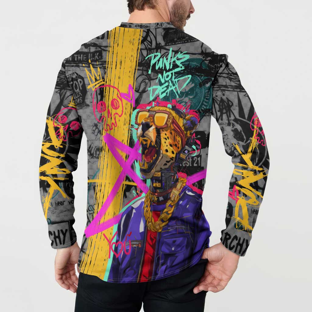 Punk Cheetah Graffiti Button Sweatshirt with Punk Not Dead Street Art and Neon Jungle Design - Wonder Print Shop