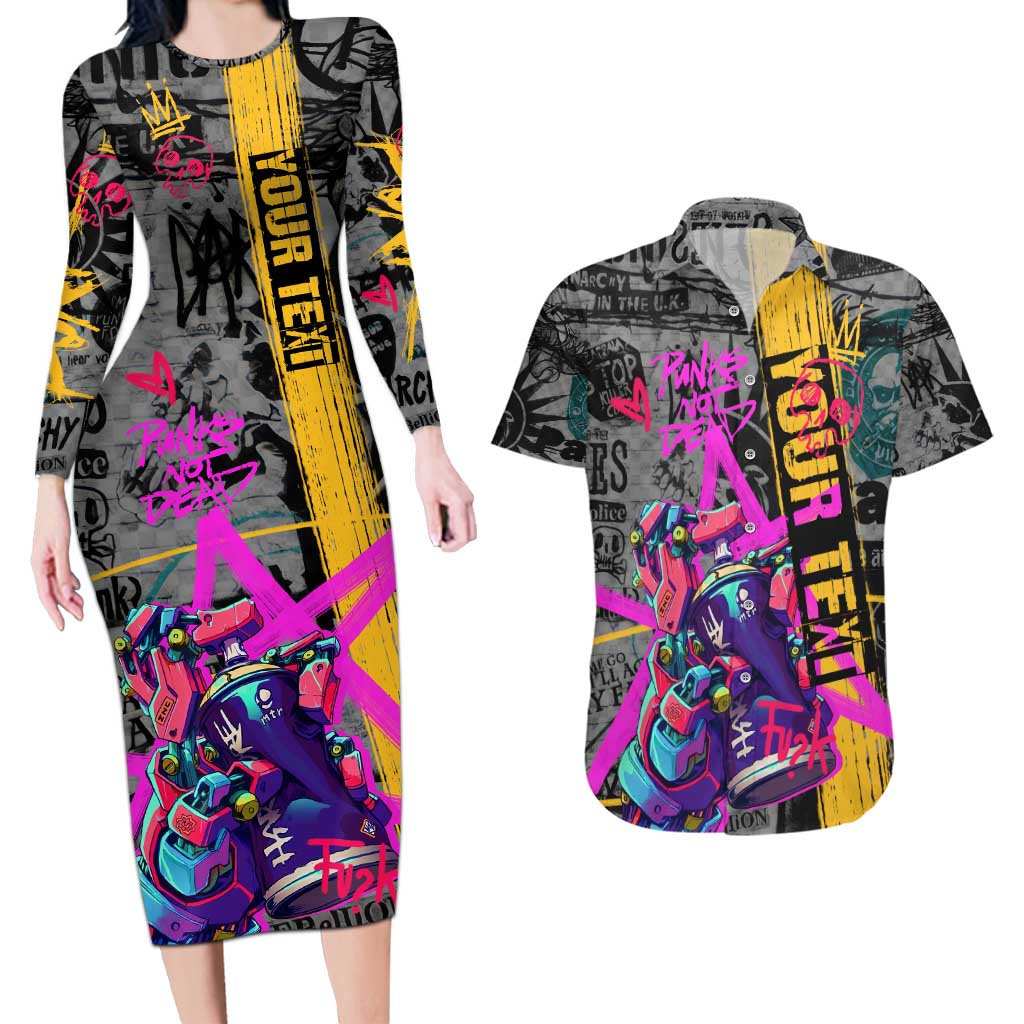 Punk Cheetah Graffiti Couples Matching Long Sleeve Bodycon Dress and Hawaiian Shirt with Punk Not Dead Street Art and Neon Jungle Design - Wonder Print Shop