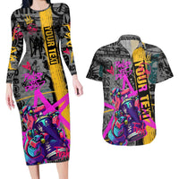 Punk Cheetah Graffiti Couples Matching Long Sleeve Bodycon Dress and Hawaiian Shirt with Punk Not Dead Street Art and Neon Jungle Design - Wonder Print Shop
