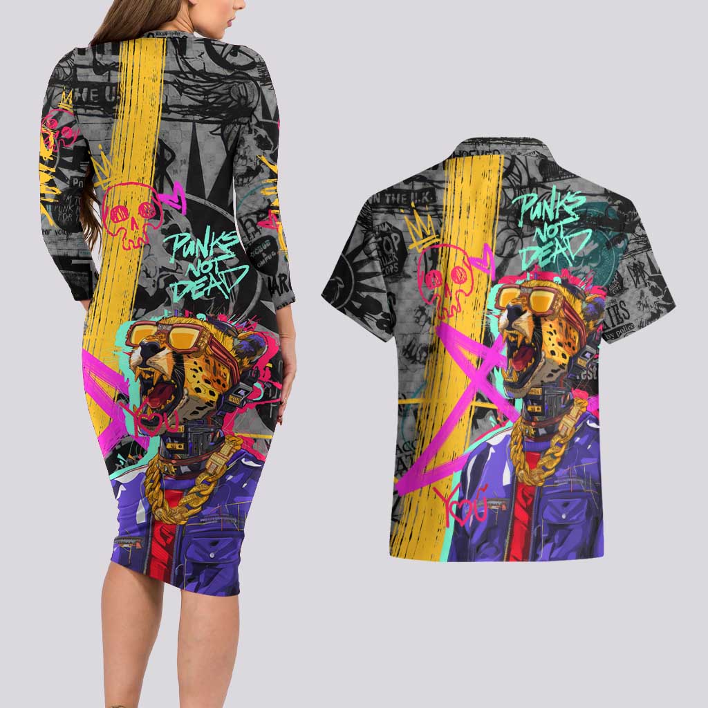 Punk Cheetah Graffiti Couples Matching Long Sleeve Bodycon Dress and Hawaiian Shirt with Punk Not Dead Street Art and Neon Jungle Design - Wonder Print Shop