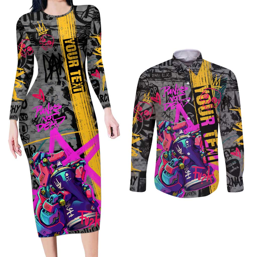 Punk Cheetah Graffiti Couples Matching Long Sleeve Bodycon Dress and Long Sleeve Button Shirt with Punk Not Dead Street Art and Neon Jungle Design - Wonder Print Shop