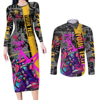 Punk Cheetah Graffiti Couples Matching Long Sleeve Bodycon Dress and Long Sleeve Button Shirt with Punk Not Dead Street Art and Neon Jungle Design - Wonder Print Shop