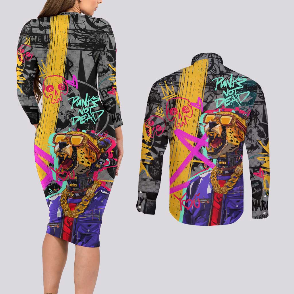 Punk Cheetah Graffiti Couples Matching Long Sleeve Bodycon Dress and Long Sleeve Button Shirt with Punk Not Dead Street Art and Neon Jungle Design - Wonder Print Shop