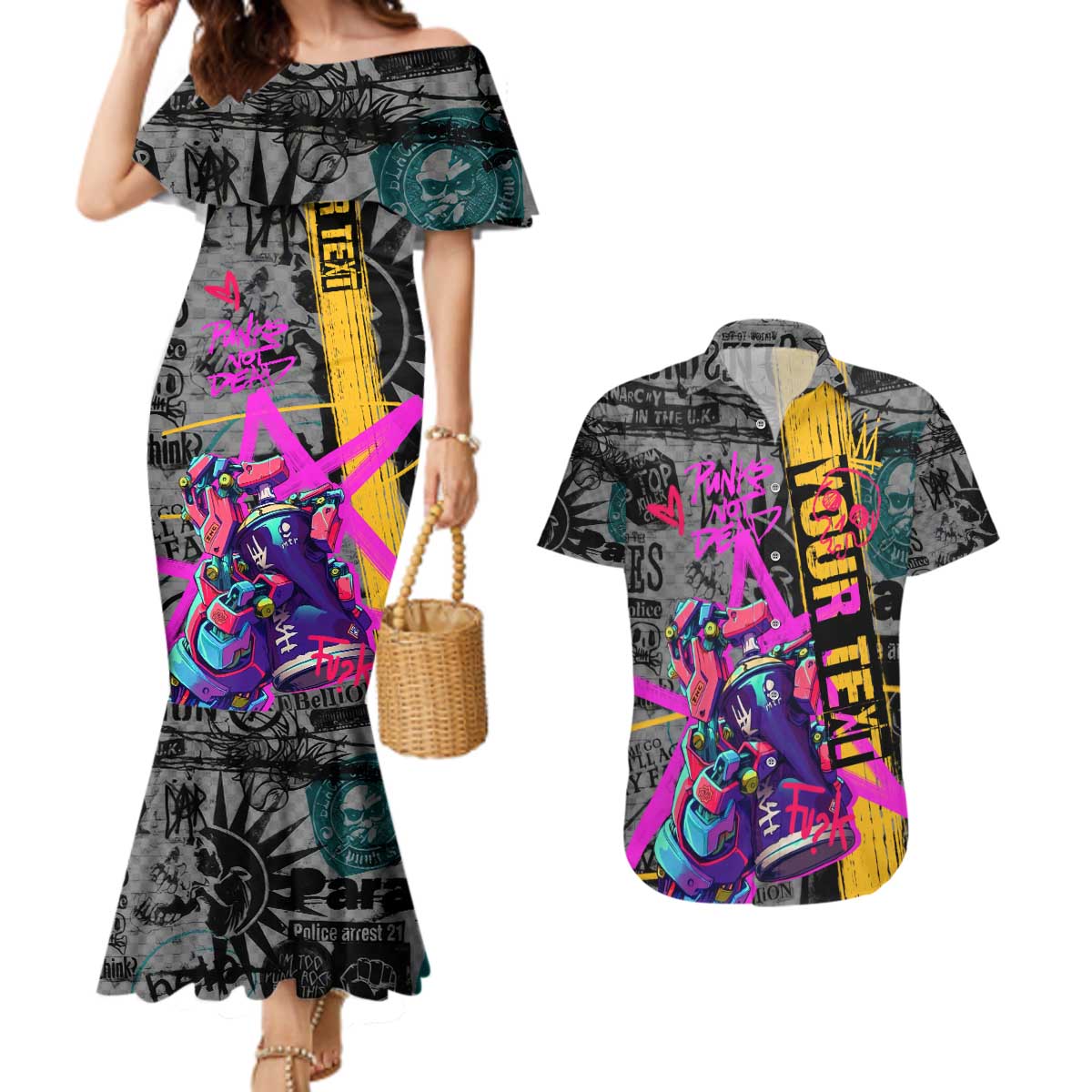 Punk Cheetah Graffiti Couples Matching Mermaid Dress and Hawaiian Shirt with Punk Not Dead Street Art and Neon Jungle Design - Wonder Print Shop