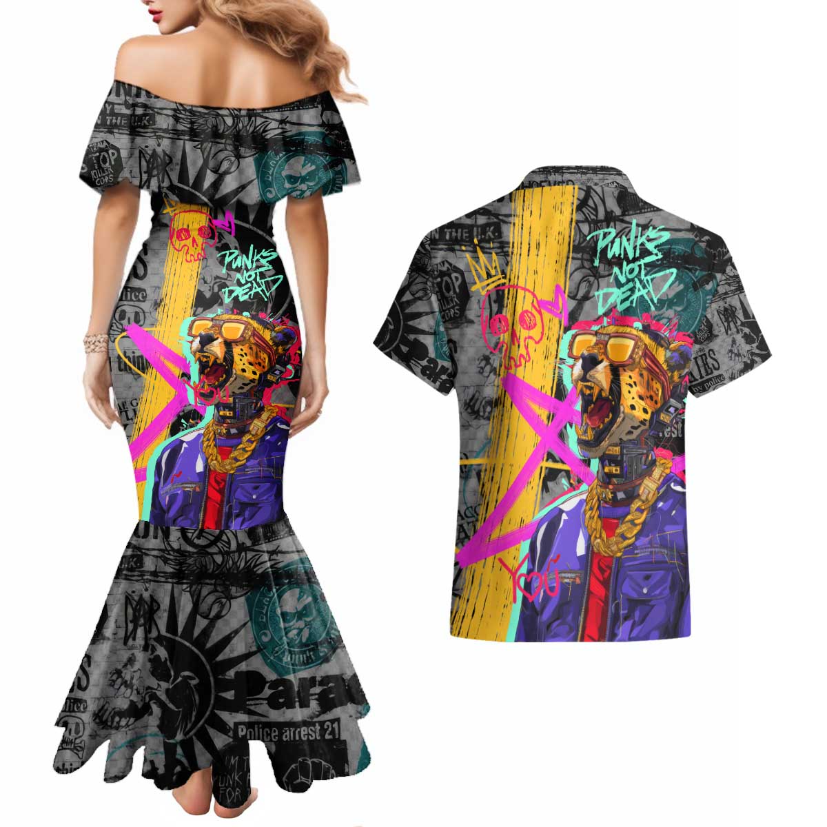 Punk Cheetah Graffiti Couples Matching Mermaid Dress and Hawaiian Shirt with Punk Not Dead Street Art and Neon Jungle Design - Wonder Print Shop