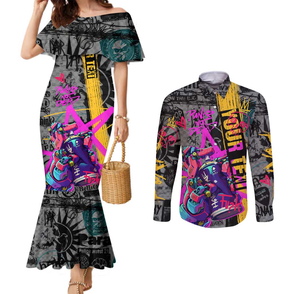 Punk Cheetah Graffiti Couples Matching Mermaid Dress and Long Sleeve Button Shirt with Punk Not Dead Street Art and Neon Jungle Design - Wonder Print Shop