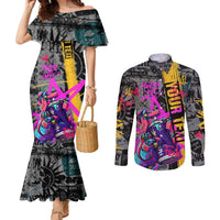 Punk Cheetah Graffiti Couples Matching Mermaid Dress and Long Sleeve Button Shirt with Punk Not Dead Street Art and Neon Jungle Design - Wonder Print Shop