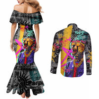 Punk Cheetah Graffiti Couples Matching Mermaid Dress and Long Sleeve Button Shirt with Punk Not Dead Street Art and Neon Jungle Design - Wonder Print Shop