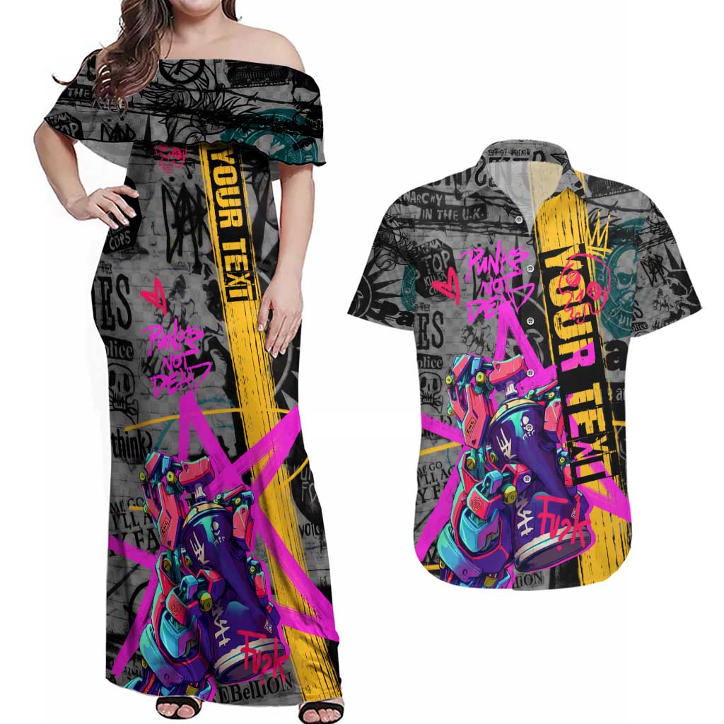 Punk Cheetah Graffiti Couples Matching Off Shoulder Maxi Dress and Hawaiian Shirt with Punk Not Dead Street Art and Neon Jungle Design - Wonder Print Shop