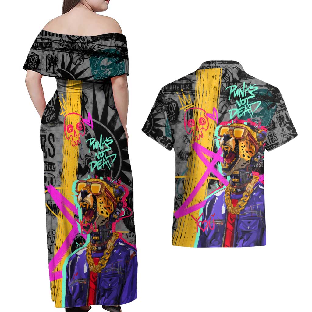 Punk Cheetah Graffiti Couples Matching Off Shoulder Maxi Dress and Hawaiian Shirt with Punk Not Dead Street Art and Neon Jungle Design - Wonder Print Shop