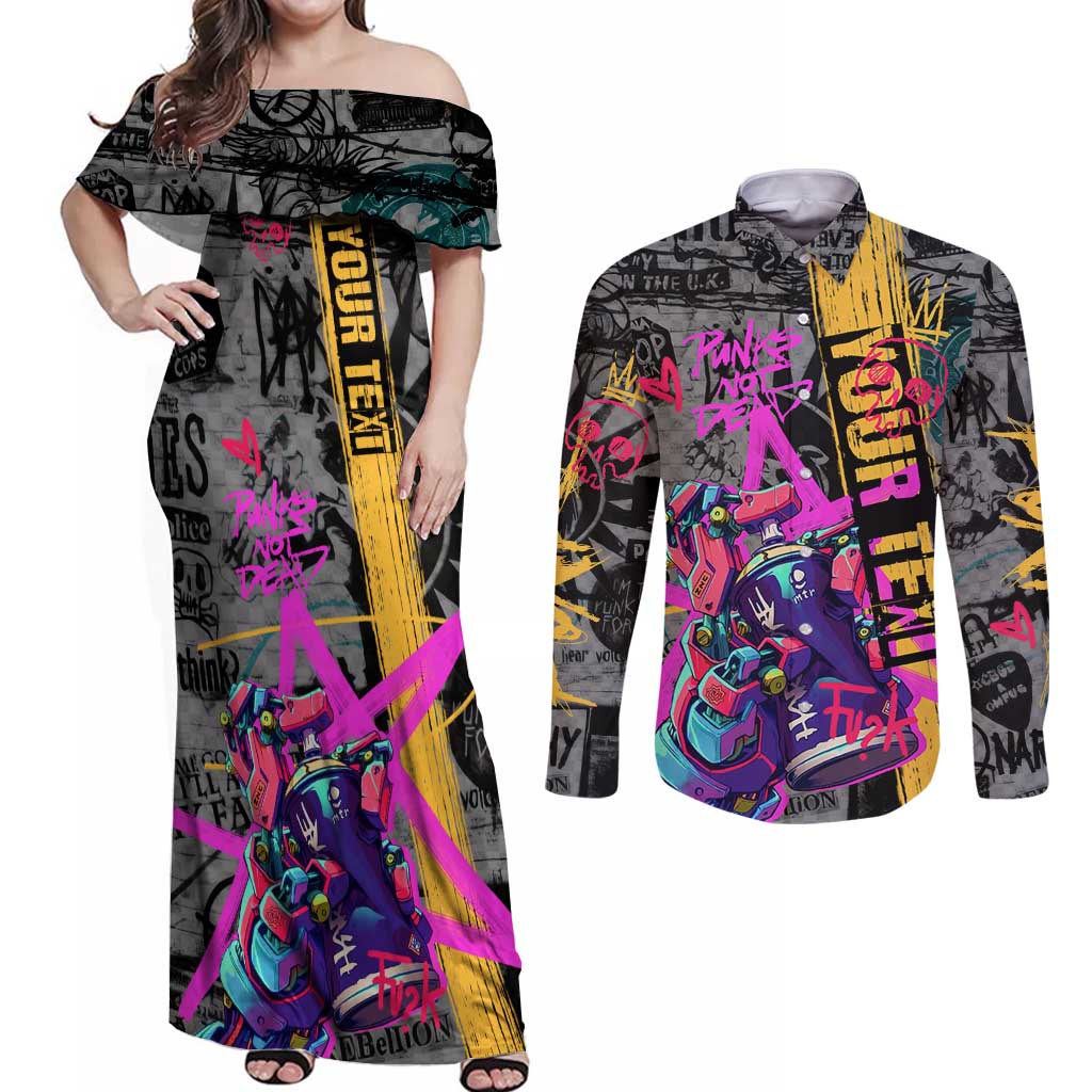 Punk Cheetah Graffiti Couples Matching Off Shoulder Maxi Dress and Long Sleeve Button Shirt with Punk Not Dead Street Art and Neon Jungle Design - Wonder Print Shop