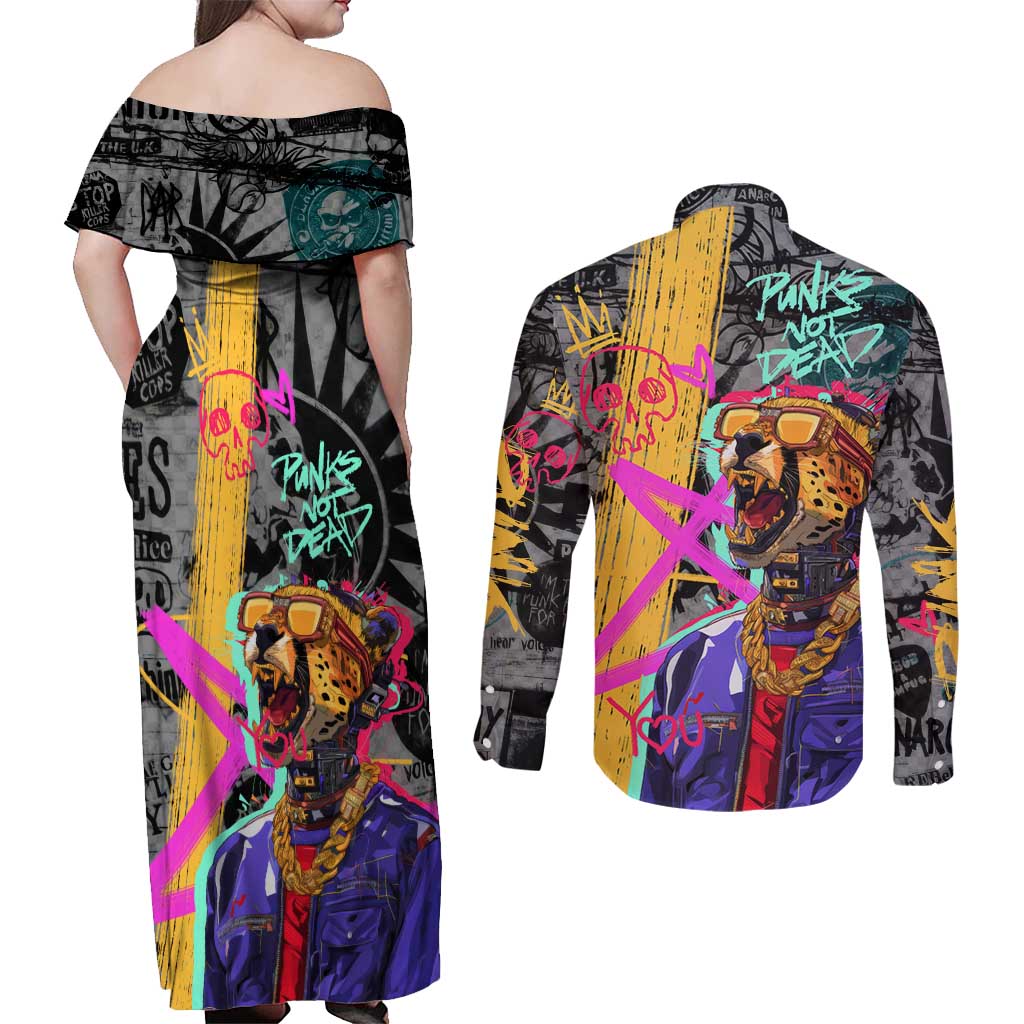 Punk Cheetah Graffiti Couples Matching Off Shoulder Maxi Dress and Long Sleeve Button Shirt with Punk Not Dead Street Art and Neon Jungle Design - Wonder Print Shop
