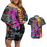 Punk Cheetah Graffiti Couples Matching Off Shoulder Short Dress and Hawaiian Shirt with Punk Not Dead Street Art and Neon Jungle Design - Wonder Print Shop