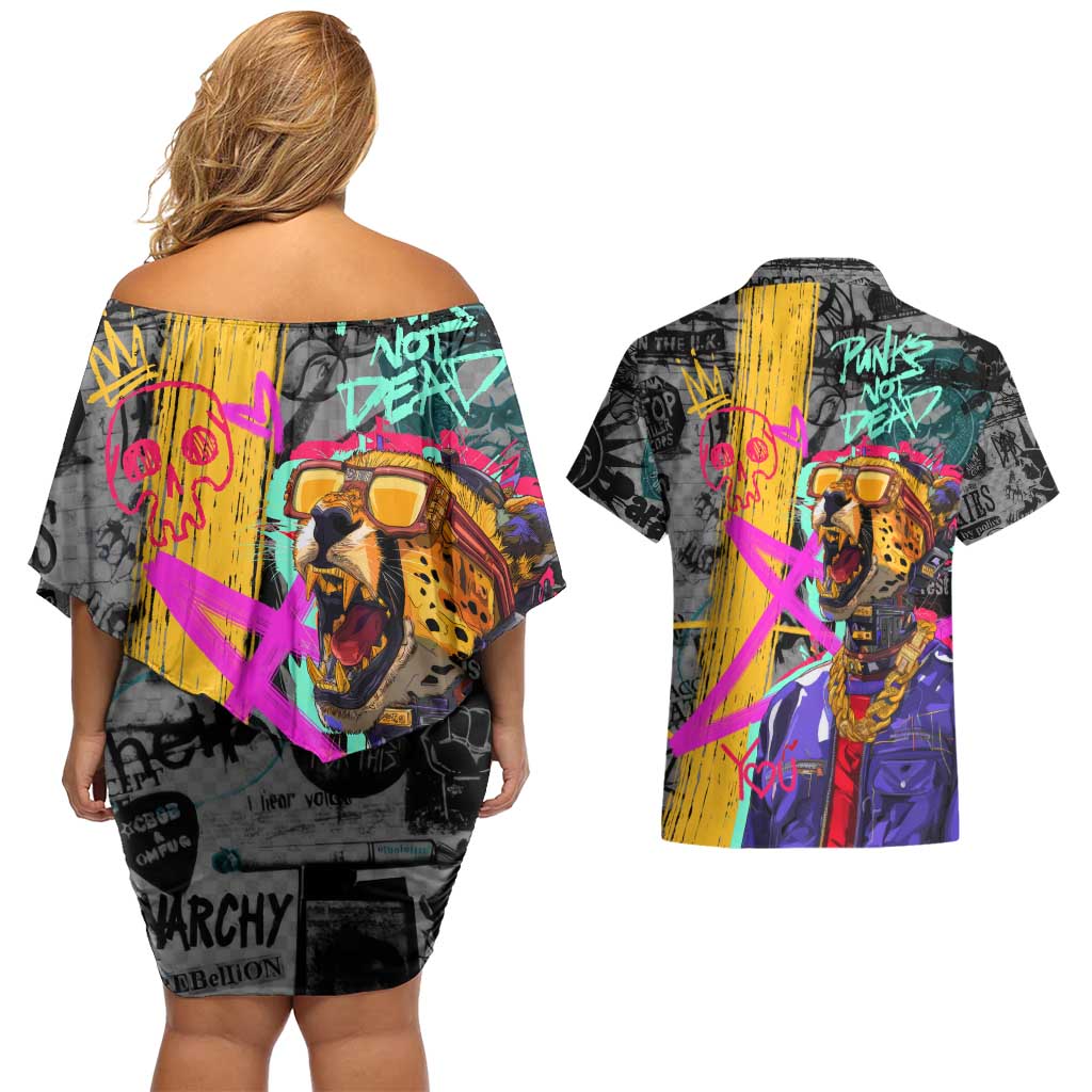 Punk Cheetah Graffiti Couples Matching Off Shoulder Short Dress and Hawaiian Shirt with Punk Not Dead Street Art and Neon Jungle Design - Wonder Print Shop