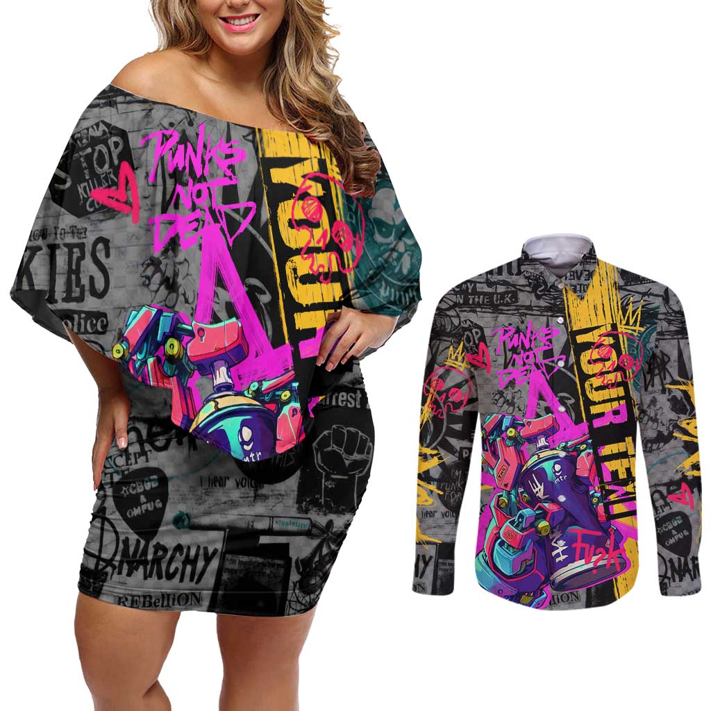 Punk Cheetah Graffiti Couples Matching Off Shoulder Short Dress and Long Sleeve Button Shirt with Punk Not Dead Street Art and Neon Jungle Design - Wonder Print Shop
