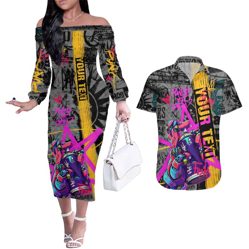 Punk Cheetah Graffiti Couples Matching Off The Shoulder Long Sleeve Dress and Hawaiian Shirt with Punk Not Dead Street Art and Neon Jungle Design - Wonder Print Shop