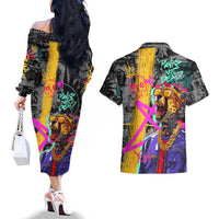 Punk Cheetah Graffiti Couples Matching Off The Shoulder Long Sleeve Dress and Hawaiian Shirt with Punk Not Dead Street Art and Neon Jungle Design - Wonder Print Shop