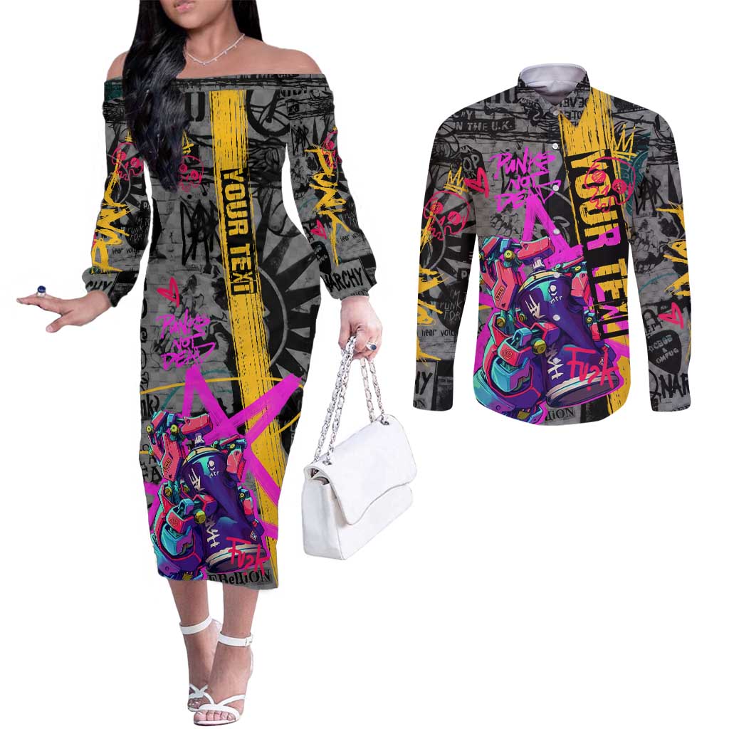 Punk Cheetah Graffiti Couples Matching Off The Shoulder Long Sleeve Dress and Long Sleeve Button Shirt with Punk Not Dead Street Art and Neon Jungle Design - Wonder Print Shop