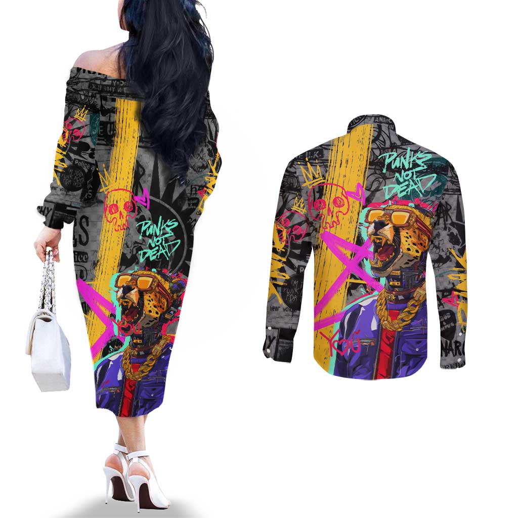 Punk Cheetah Graffiti Couples Matching Off The Shoulder Long Sleeve Dress and Long Sleeve Button Shirt with Punk Not Dead Street Art and Neon Jungle Design - Wonder Print Shop