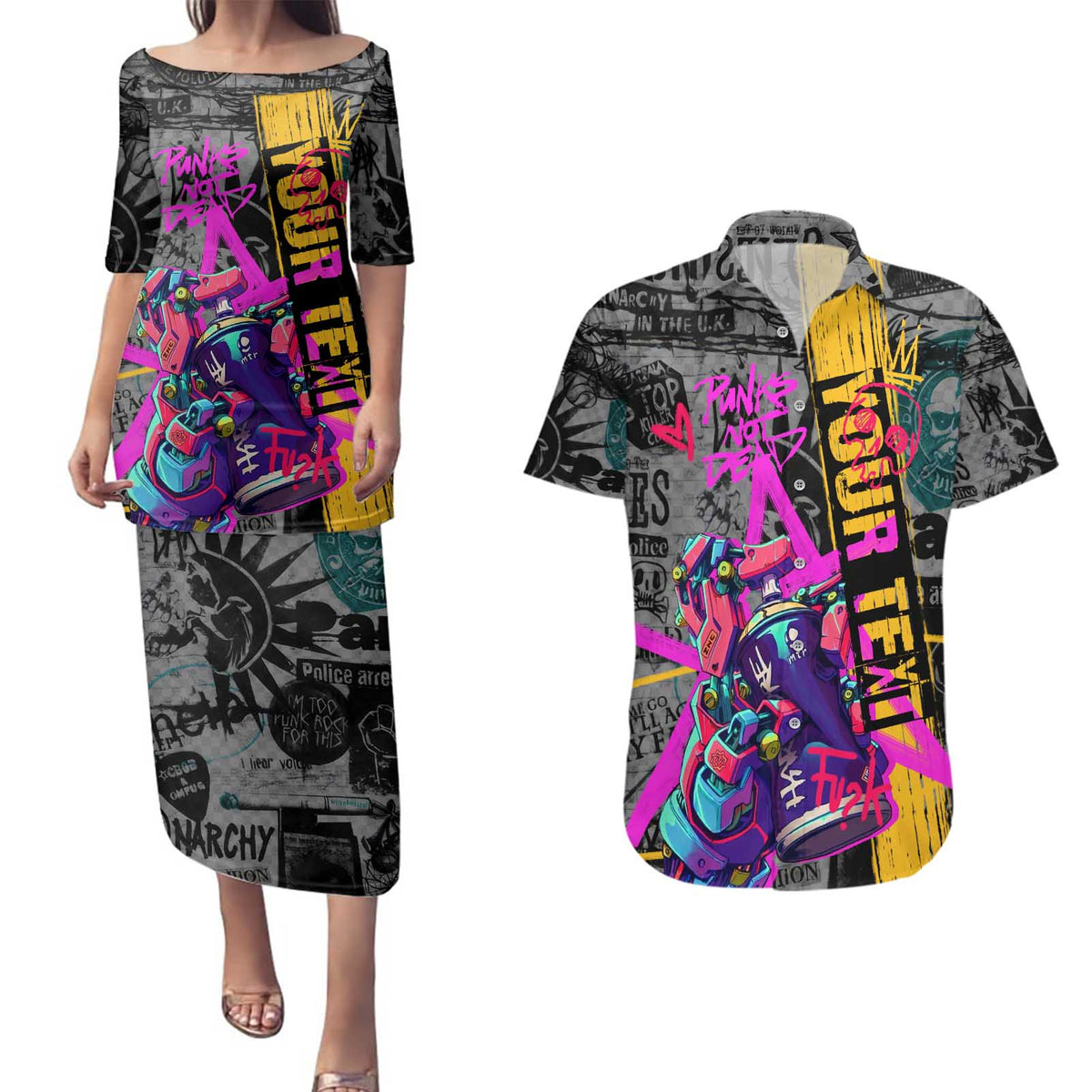 Punk Cheetah Graffiti Couples Matching Puletasi and Hawaiian Shirt with Punk Not Dead Street Art and Neon Jungle Design - Wonder Print Shop