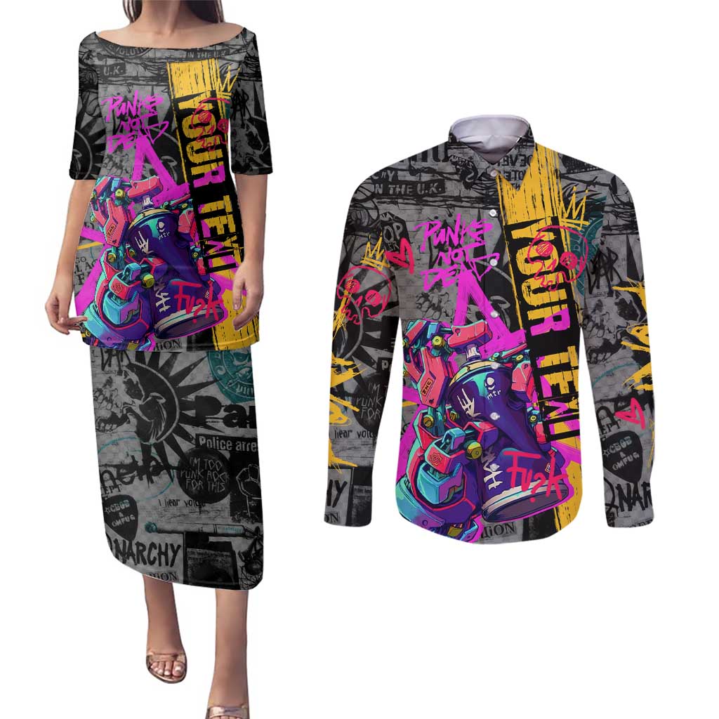 Punk Cheetah Graffiti Couples Matching Puletasi and Long Sleeve Button Shirt with Punk Not Dead Street Art and Neon Jungle Design - Wonder Print Shop