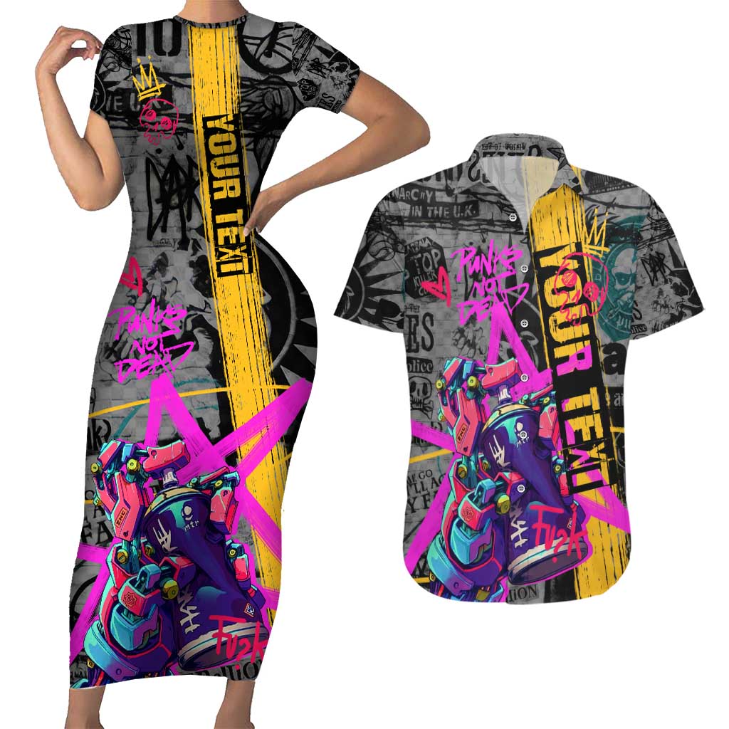 Punk Cheetah Graffiti Couples Matching Short Sleeve Bodycon Dress and Hawaiian Shirt with Punk Not Dead Street Art and Neon Jungle Design - Wonder Print Shop