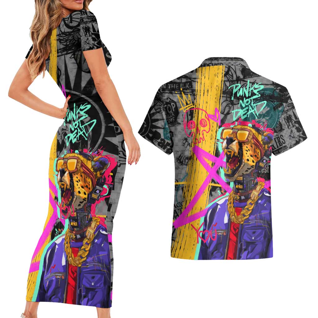 Punk Cheetah Graffiti Couples Matching Short Sleeve Bodycon Dress and Hawaiian Shirt with Punk Not Dead Street Art and Neon Jungle Design - Wonder Print Shop