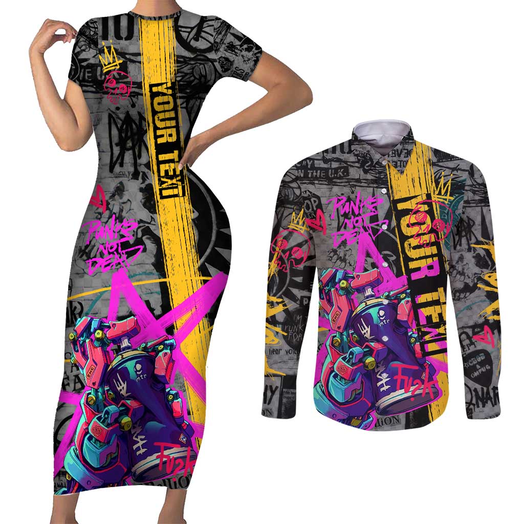 Punk Cheetah Graffiti Couples Matching Short Sleeve Bodycon Dress and Long Sleeve Button Shirt with Punk Not Dead Street Art and Neon Jungle Design - Wonder Print Shop