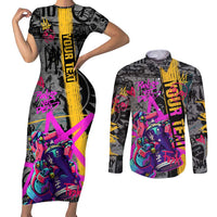 Punk Cheetah Graffiti Couples Matching Short Sleeve Bodycon Dress and Long Sleeve Button Shirt with Punk Not Dead Street Art and Neon Jungle Design - Wonder Print Shop