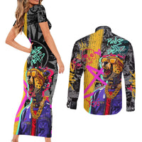 Punk Cheetah Graffiti Couples Matching Short Sleeve Bodycon Dress and Long Sleeve Button Shirt with Punk Not Dead Street Art and Neon Jungle Design - Wonder Print Shop
