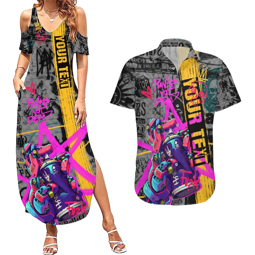 Punk Cheetah Graffiti Couples Matching Summer Maxi Dress and Hawaiian Shirt with Punk Not Dead Street Art and Neon Jungle Design - Wonder Print Shop