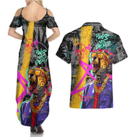 Punk Cheetah Graffiti Couples Matching Summer Maxi Dress and Hawaiian Shirt with Punk Not Dead Street Art and Neon Jungle Design - Wonder Print Shop