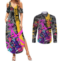 Punk Cheetah Graffiti Couples Matching Summer Maxi Dress and Long Sleeve Button Shirt with Punk Not Dead Street Art and Neon Jungle Design - Wonder Print Shop