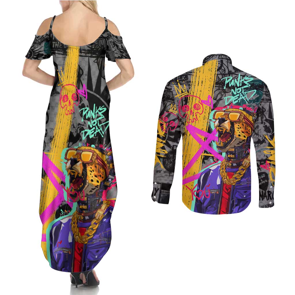Punk Cheetah Graffiti Couples Matching Summer Maxi Dress and Long Sleeve Button Shirt with Punk Not Dead Street Art and Neon Jungle Design - Wonder Print Shop
