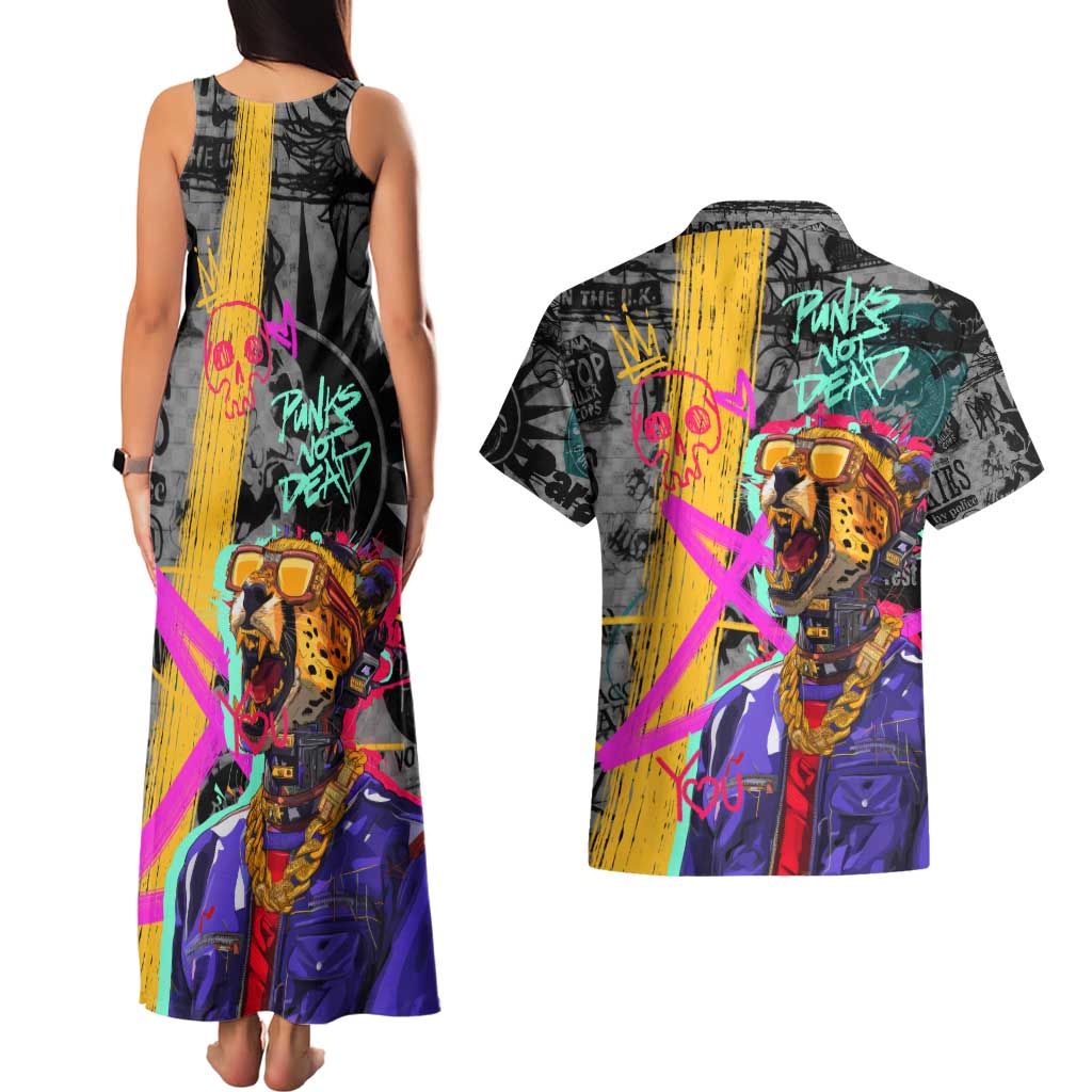 Punk Cheetah Graffiti Couples Matching Tank Maxi Dress and Hawaiian Shirt with Punk Not Dead Street Art and Neon Jungle Design - Wonder Print Shop