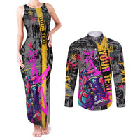 Punk Cheetah Graffiti Couples Matching Tank Maxi Dress and Long Sleeve Button Shirt with Punk Not Dead Street Art and Neon Jungle Design - Wonder Print Shop
