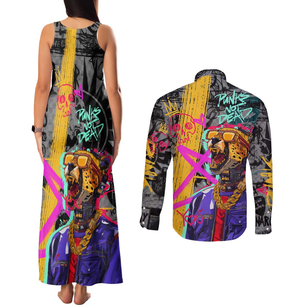 Punk Cheetah Graffiti Couples Matching Tank Maxi Dress and Long Sleeve Button Shirt with Punk Not Dead Street Art and Neon Jungle Design - Wonder Print Shop