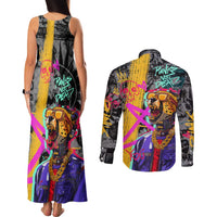 Punk Cheetah Graffiti Couples Matching Tank Maxi Dress and Long Sleeve Button Shirt with Punk Not Dead Street Art and Neon Jungle Design - Wonder Print Shop