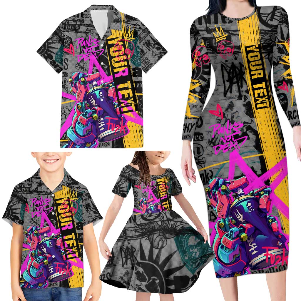 Punk Cheetah Graffiti Family Matching Long Sleeve Bodycon Dress and Hawaiian Shirt with Punk Not Dead Street Art and Neon Jungle Design - Wonder Print Shop