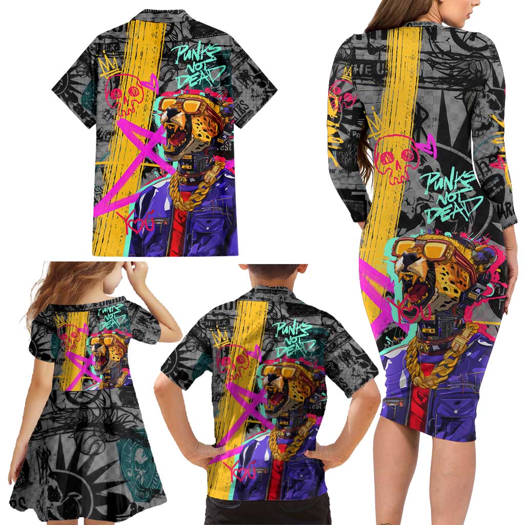 Punk Cheetah Graffiti Family Matching Long Sleeve Bodycon Dress and Hawaiian Shirt with Punk Not Dead Street Art and Neon Jungle Design - Wonder Print Shop