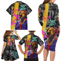 Punk Cheetah Graffiti Family Matching Long Sleeve Bodycon Dress and Hawaiian Shirt with Punk Not Dead Street Art and Neon Jungle Design - Wonder Print Shop