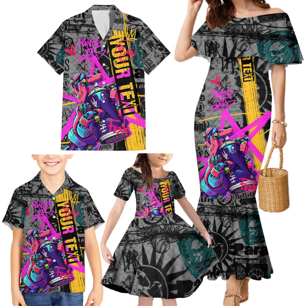 Punk Cheetah Graffiti Family Matching Mermaid Dress and Hawaiian Shirt with Punk Not Dead Street Art and Neon Jungle Design - Wonder Print Shop