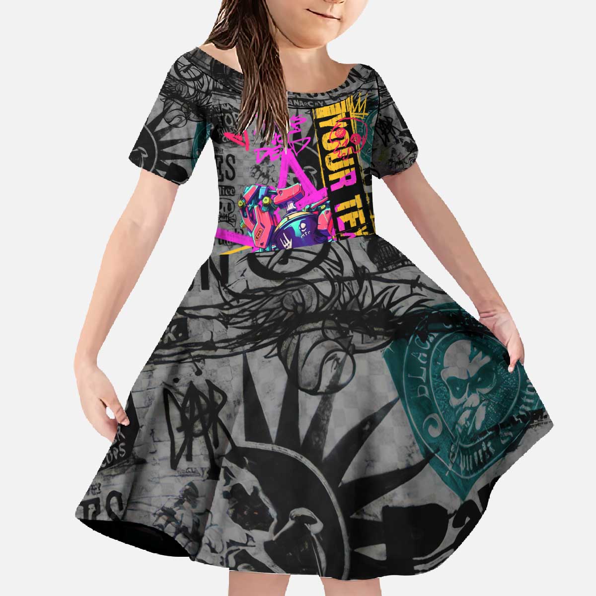 Punk Cheetah Graffiti Family Matching Off The Shoulder Long Sleeve Dress and Hawaiian Shirt with Punk Not Dead Street Art and Neon Jungle Design - Wonder Print Shop
