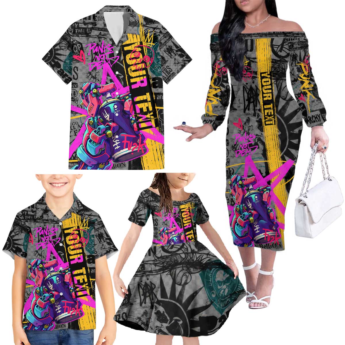 Punk Cheetah Graffiti Family Matching Off The Shoulder Long Sleeve Dress and Hawaiian Shirt with Punk Not Dead Street Art and Neon Jungle Design - Wonder Print Shop