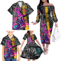 Punk Cheetah Graffiti Family Matching Off The Shoulder Long Sleeve Dress and Hawaiian Shirt with Punk Not Dead Street Art and Neon Jungle Design - Wonder Print Shop