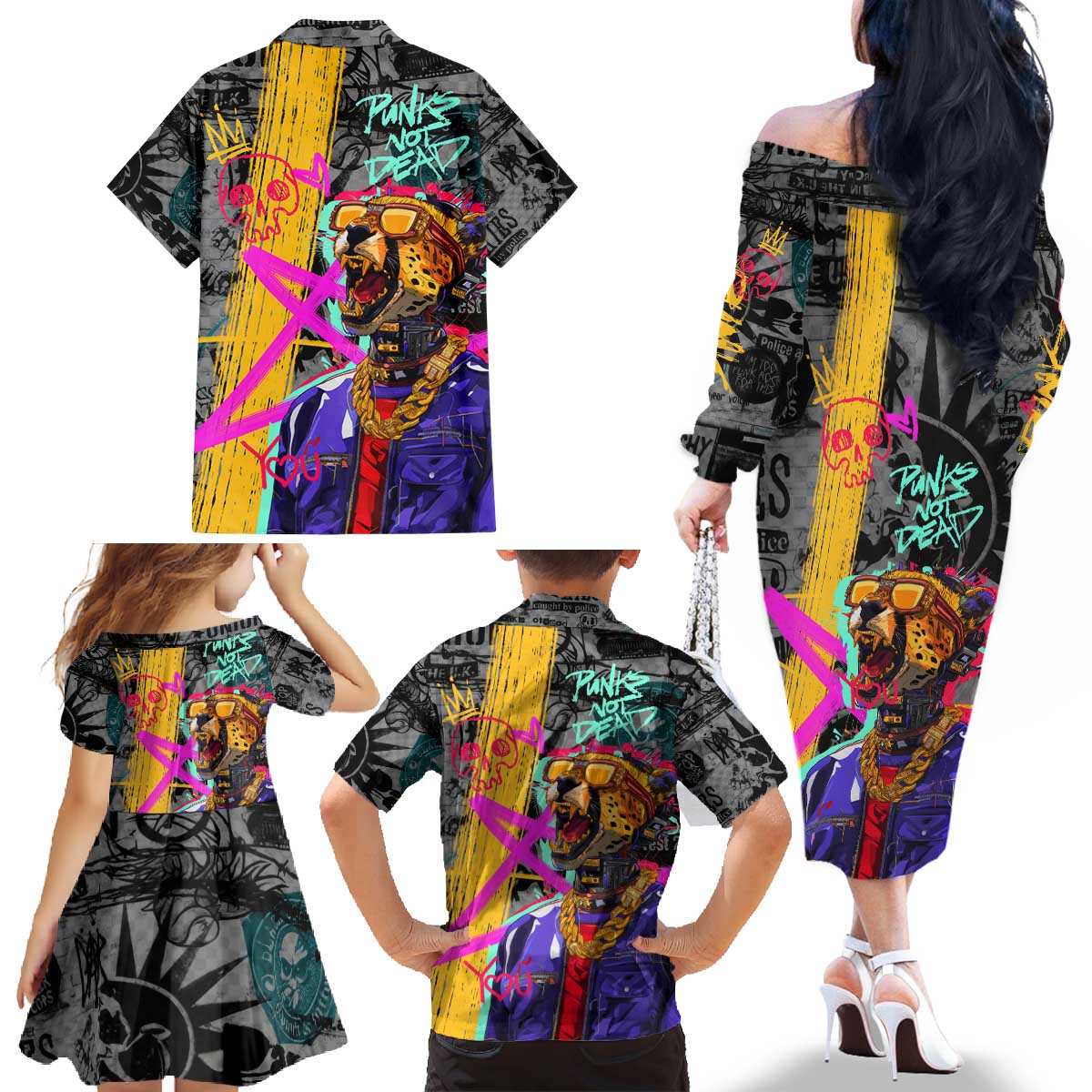 Punk Cheetah Graffiti Family Matching Off The Shoulder Long Sleeve Dress and Hawaiian Shirt with Punk Not Dead Street Art and Neon Jungle Design - Wonder Print Shop