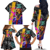 Punk Cheetah Graffiti Family Matching Off The Shoulder Long Sleeve Dress and Hawaiian Shirt with Punk Not Dead Street Art and Neon Jungle Design - Wonder Print Shop