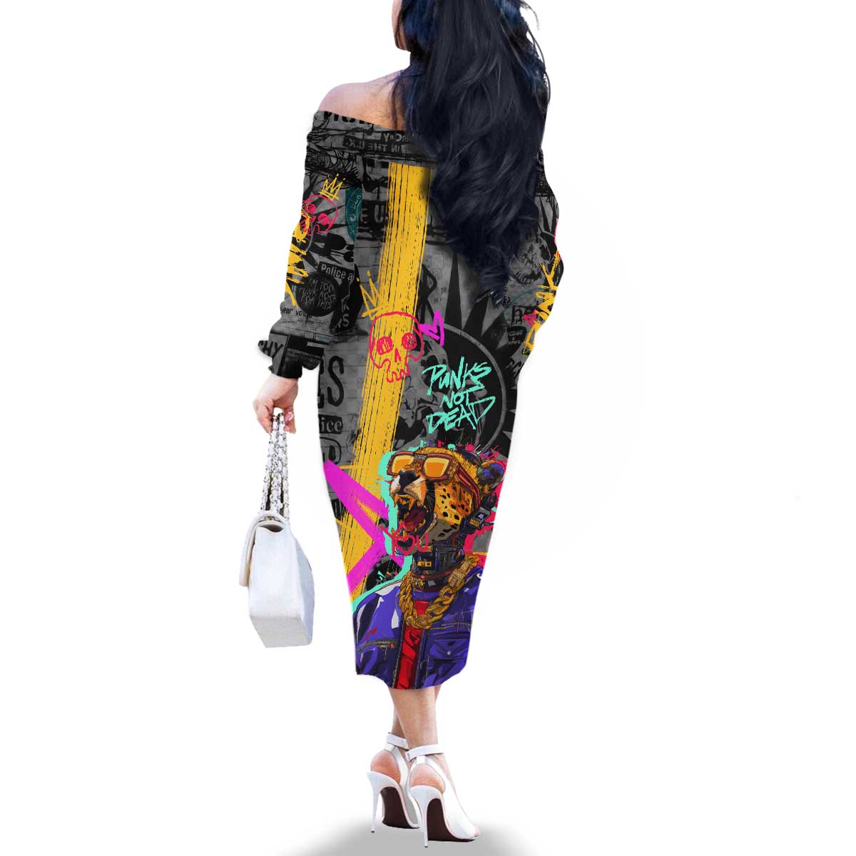 Punk Cheetah Graffiti Family Matching Off The Shoulder Long Sleeve Dress and Hawaiian Shirt with Punk Not Dead Street Art and Neon Jungle Design - Wonder Print Shop